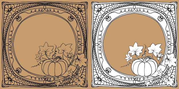 Pumpkin in an openwork floral frame. Vector drawing made by hand. Halloween