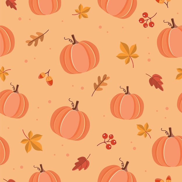 Pumpkin pattern with autumn leaves. Seasonal background. Cute vector illustration