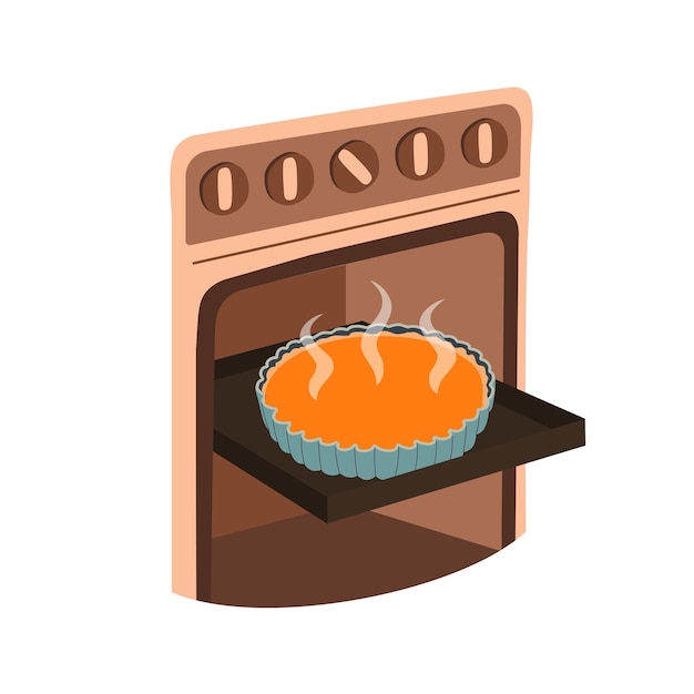 Vector pumpkin pie in oven vector flat illustration fresh sweet pastries cooking at home family traditions