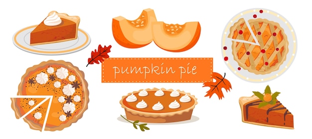 Pumpkin pie set: pie cut, slice, pie on top, pumpkin slices.