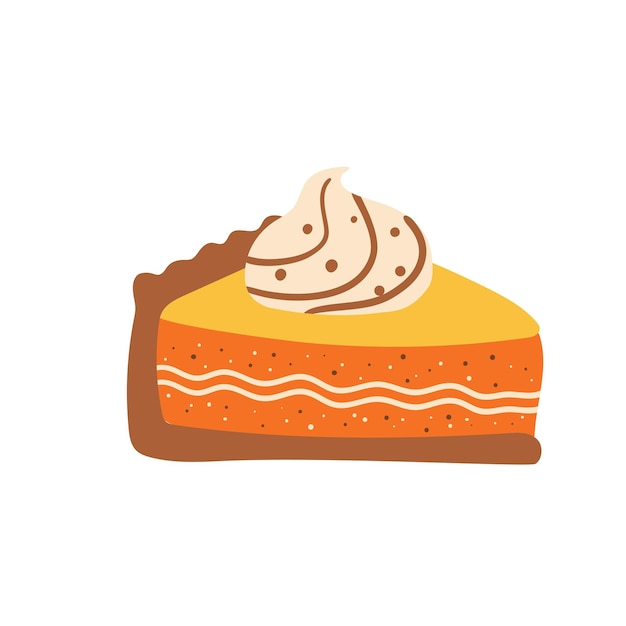 Pumpkin pie slice hand drawn in cute cartoon style isolated element on white Thanksgiving day food vector illustration with slice of pumpkin pie