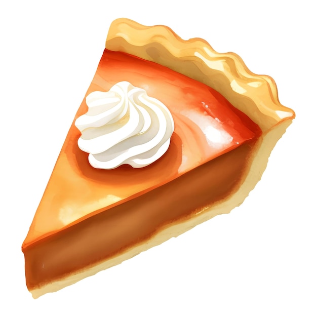 Pumpkin Pie Slice with Cream Isolated Hand Drawn Painting Illustration