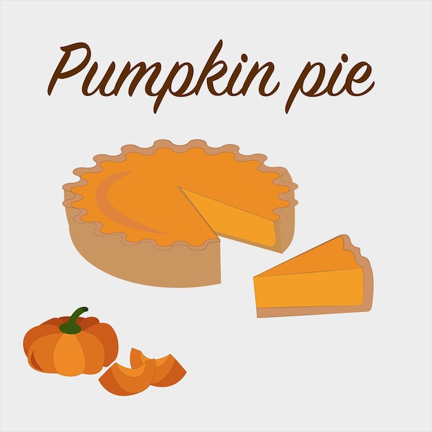 Vector pumpkin pie. whole and slices. homemade baking.