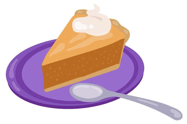 Pumpkin pie with cream on purple plate with spoon. Hand drawn vector illustration.