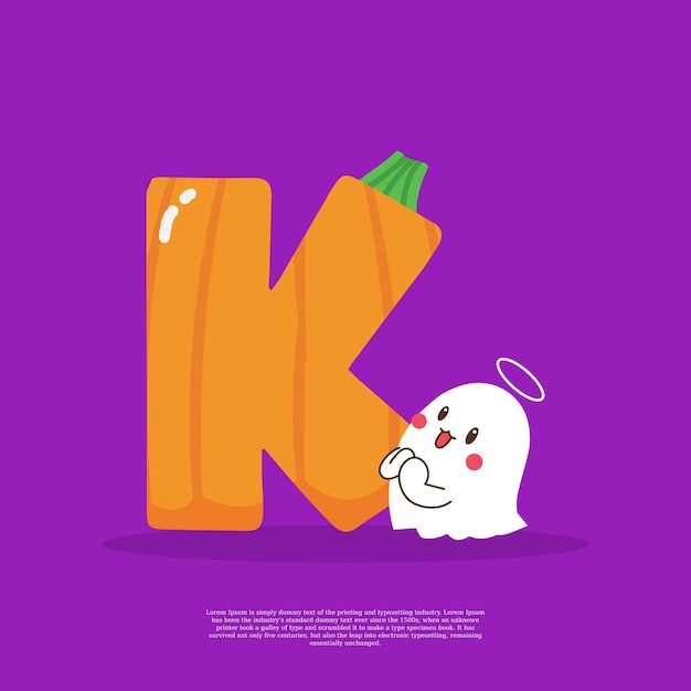 Vector pumpkin plus letter k with cute ghost emoji sticker beside it vector illustration