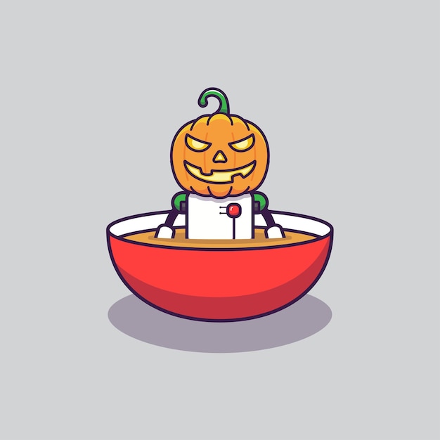 Vector pumpkin robot in a bowl of soup