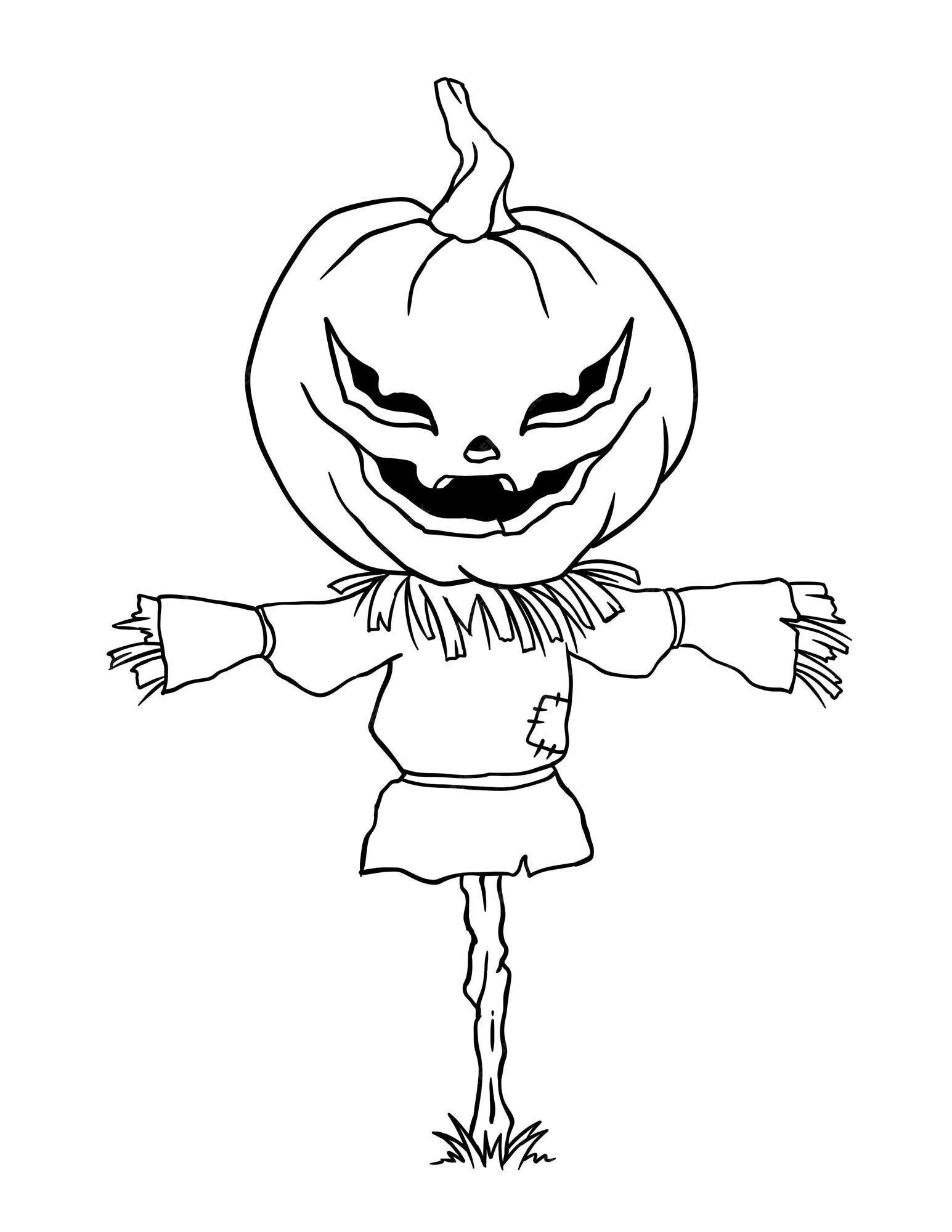 Premium Vector | Pumpkin scarecrow halloween coloring page