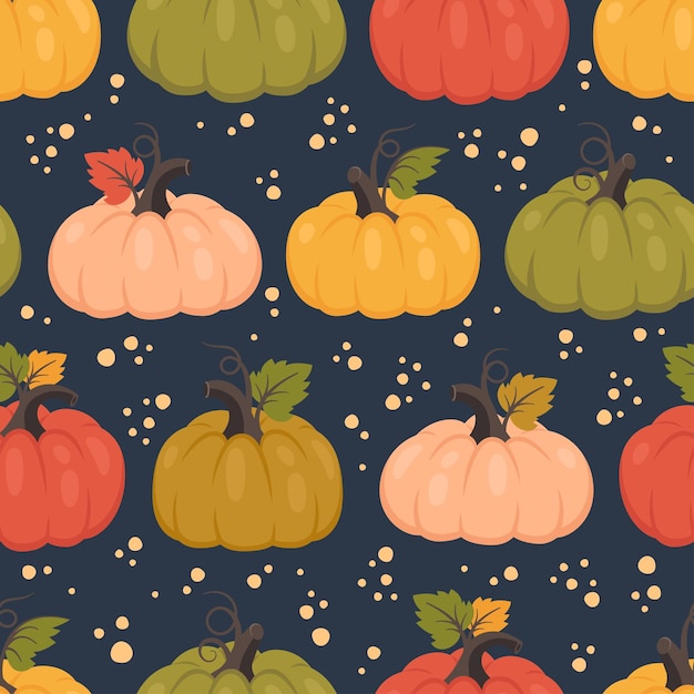 カボチャのシームレスなパターン。秋の背景に別の色の熟したカボチャ、葉、泡。感謝祭の日。季節の収穫。壁紙、テキスタイル、包装紙のベクトル図