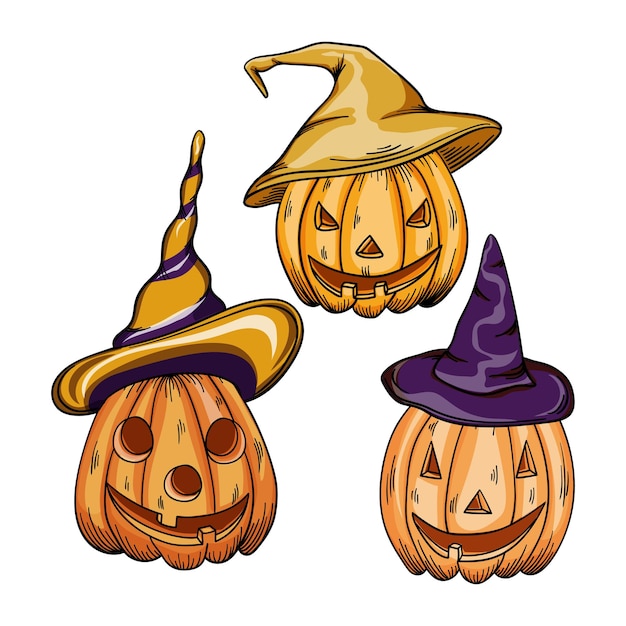 Vettore set di zucca in cappello da strega su sfondo bianco zucca arancione con sorriso per il tuo design per la vacanza illustrazione vettoriale di halloween