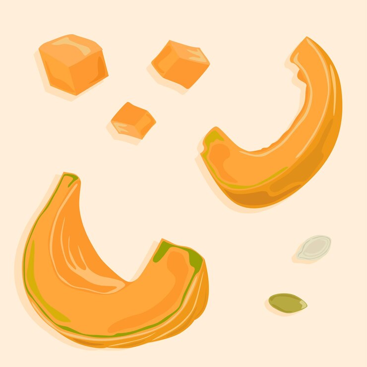 Vector pumpkin slices and cubes with pumpkin seeds