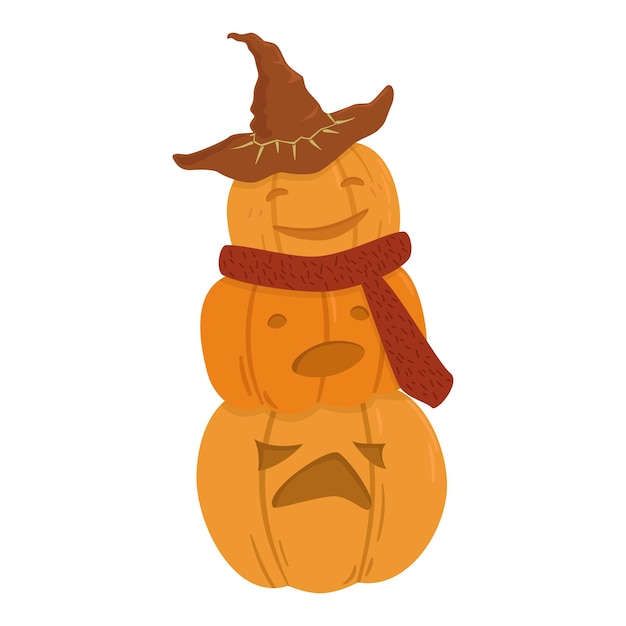 A pumpkin snowman with a scarf around his neck. Three orange pumpkins with different emotions and a