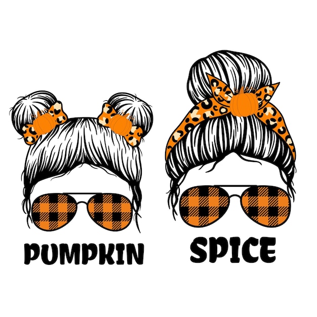 Pumpkin Space. Fall Mom and Kid. Woman face and girl face with aviator glasses, bandana and leopard