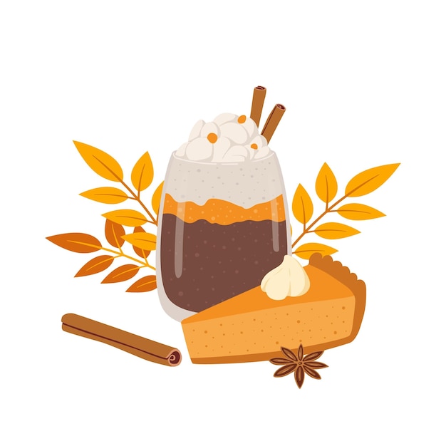 Pumpkin spice latte en taart cartoon vectorillustratie Hand getekend herfst seizoen dessert en drankje samenstelling Cappuccino kaneel en cheesecake