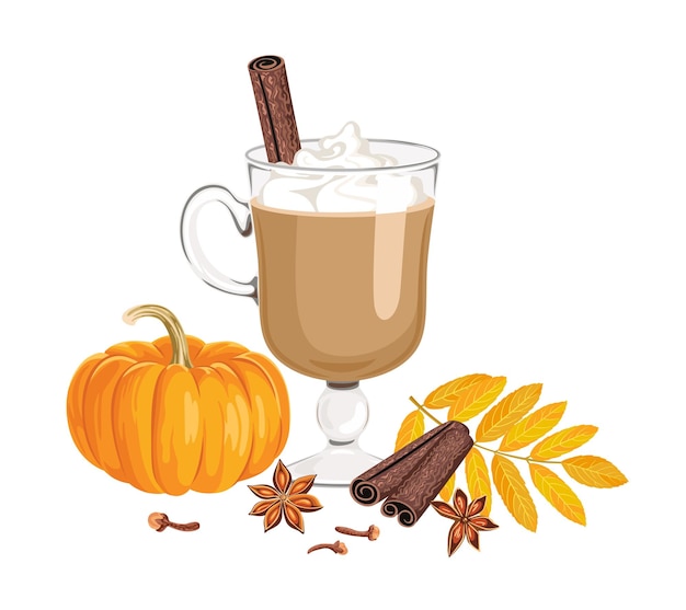 Vettore pumpkin spice latte in tazza di vetro