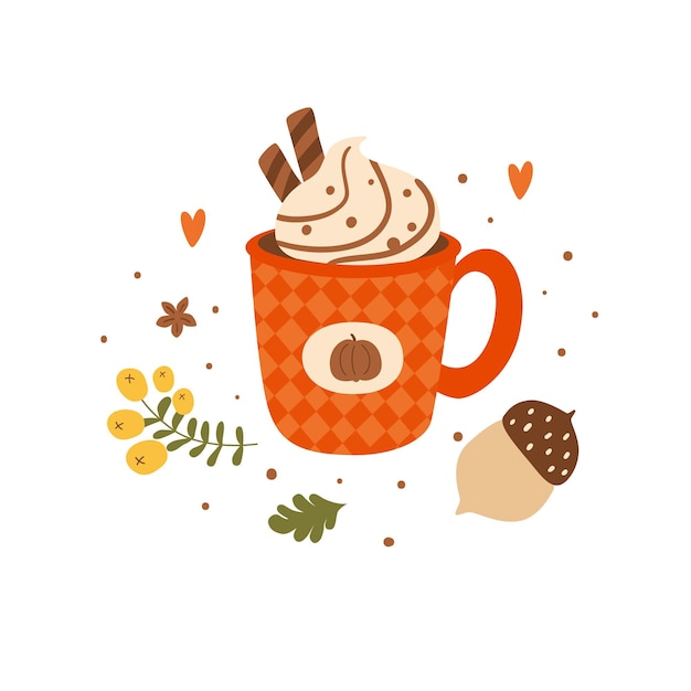 Vector pumpkin spice latte hand drawing isolated element cozy autumn hot drink decorated fall leaves berry acorn fall season greeting vector illustration