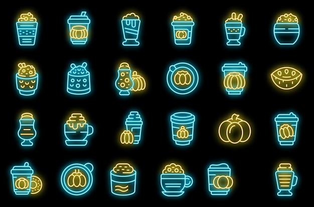 Pumpkin spice latte icons set vector neon