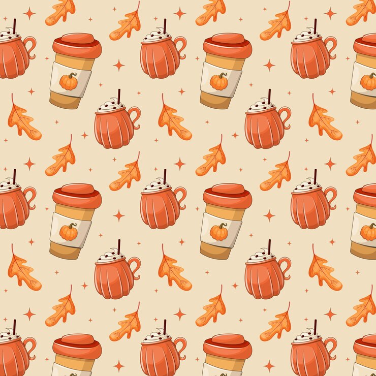 Vector pumpkin spice latte in paper cups and mugs adorned with autumn leaves seamless pattern