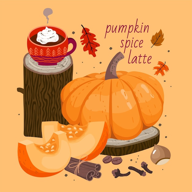 Pumpkin spice latte set coffee cup large pumpkin pumpkin slices cinnamon clove spice hazelnut Vector flat illustrations