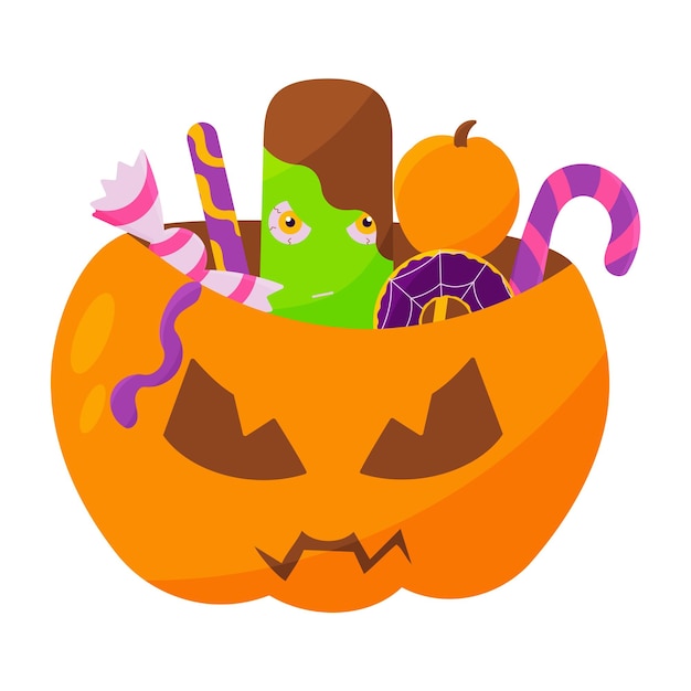 pumpkin sweets halloween set basket icon element vector illustration