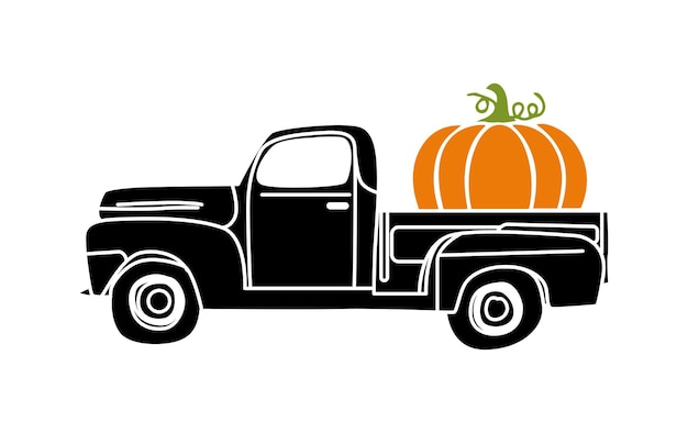 Pumpkin Truck vector, Fall Vintage Truck with Pumpkin Illustration