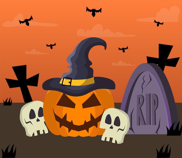 Vector pumpkin wearing witch hat with grave, bats and skulls