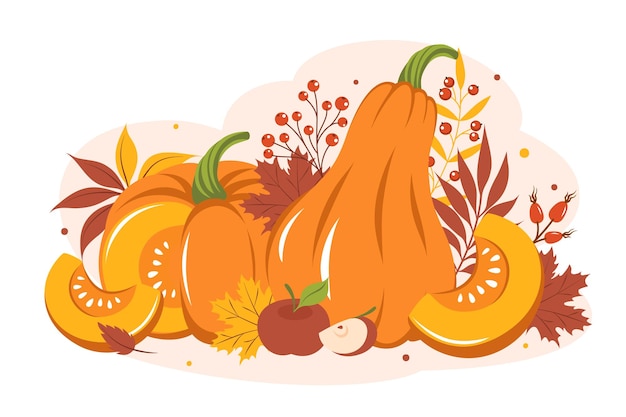 pumpkin with autumn colorful leaves and fruit. happy thanksgiving.