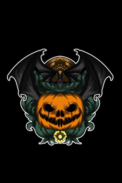 Pumpkin with bat vector illustration