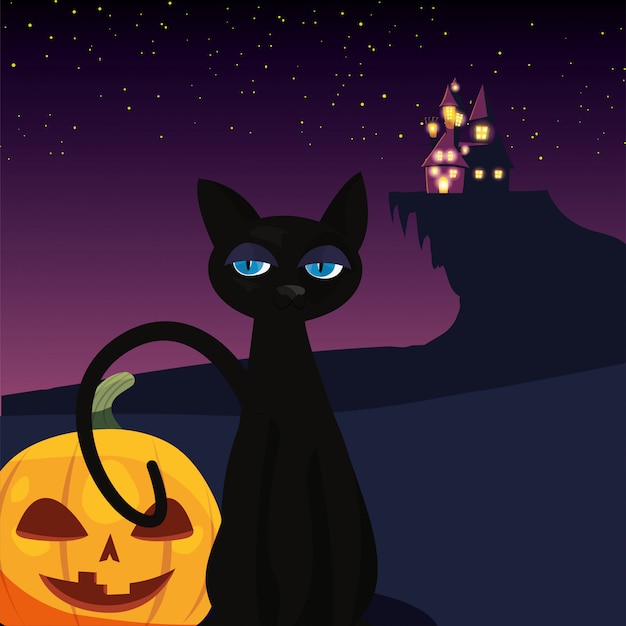 ハロウィーンのシーンで黒猫とカボチャ