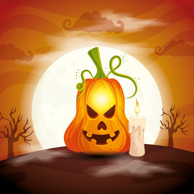 Pumpkin with candle in scene halloween illustration