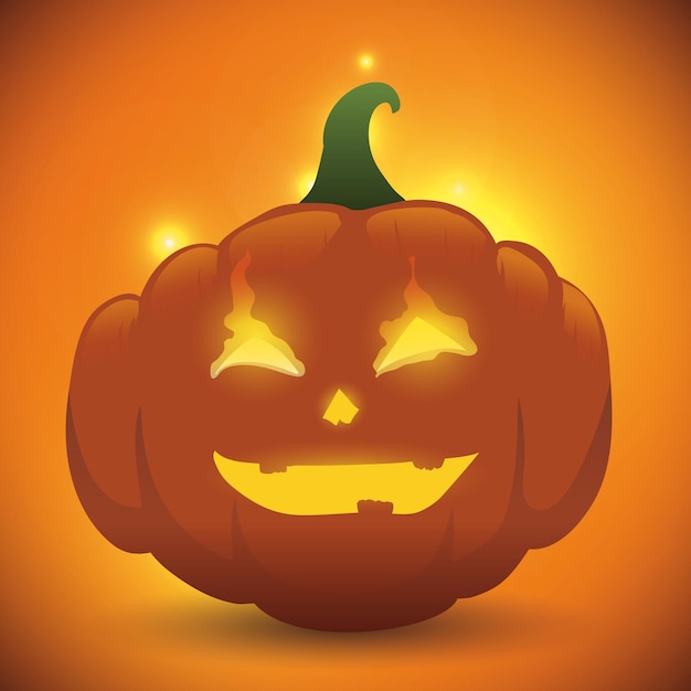 Pumpkin with glowing eyes for Halloween on orange background