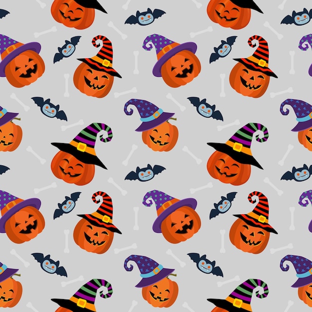 Pumpkin with hat and bat seamless pattern.