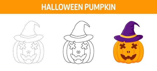 Pumpkin with hat tracing and coloring worksheet for kids