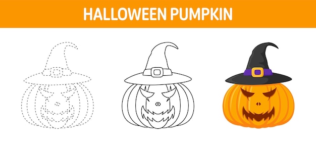 Pumpkin With Hat tracing and coloring worksheet for kids