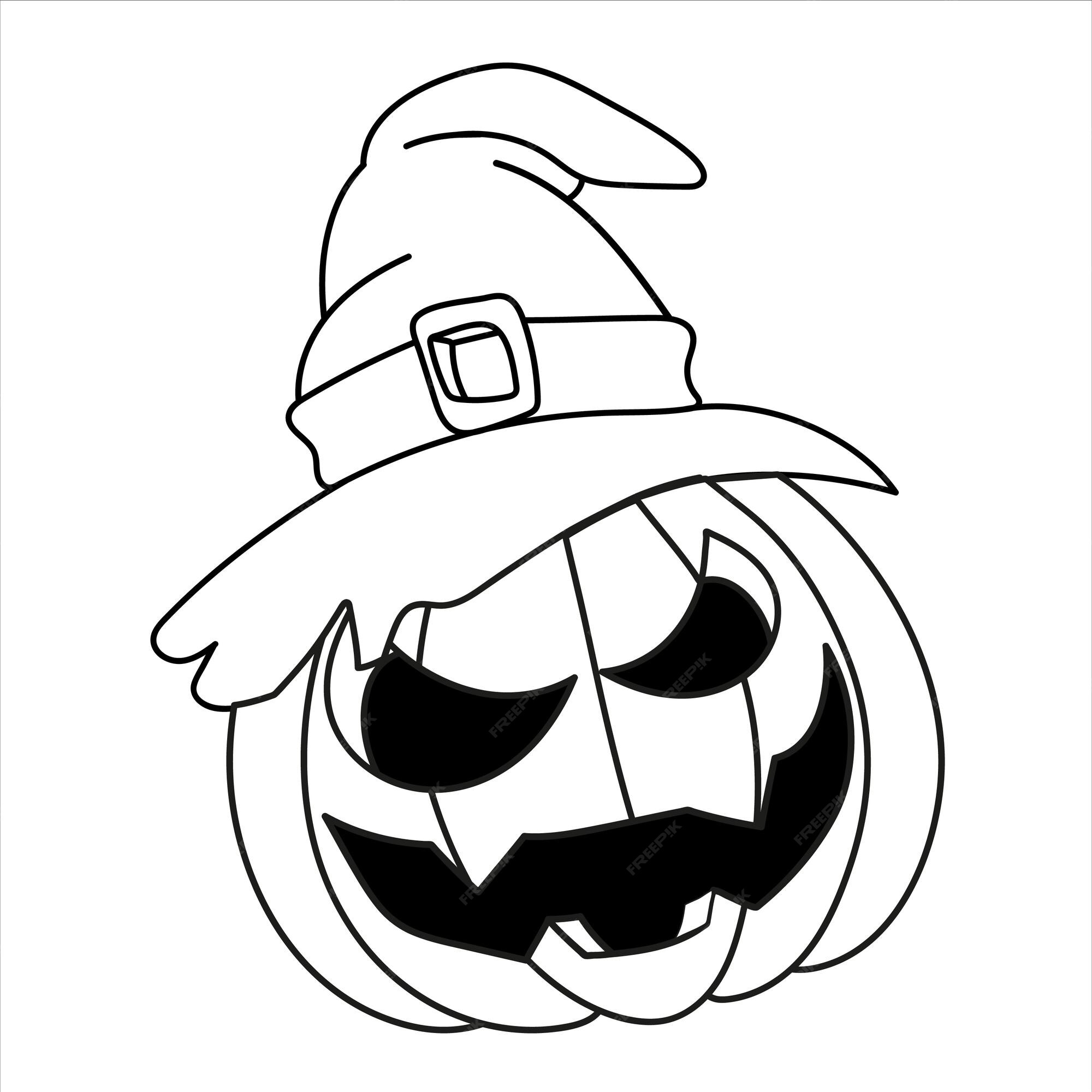 Vetor do Stock: Coloring page. Black and white vector illustration with  happy pumpkin in witch hat. Lettering `Happy Halloween`.