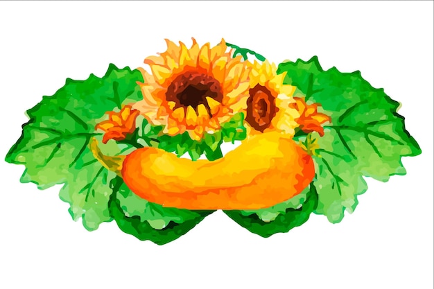 Pumpkin with sunflower flowers.Watercolor illustration in boho style.