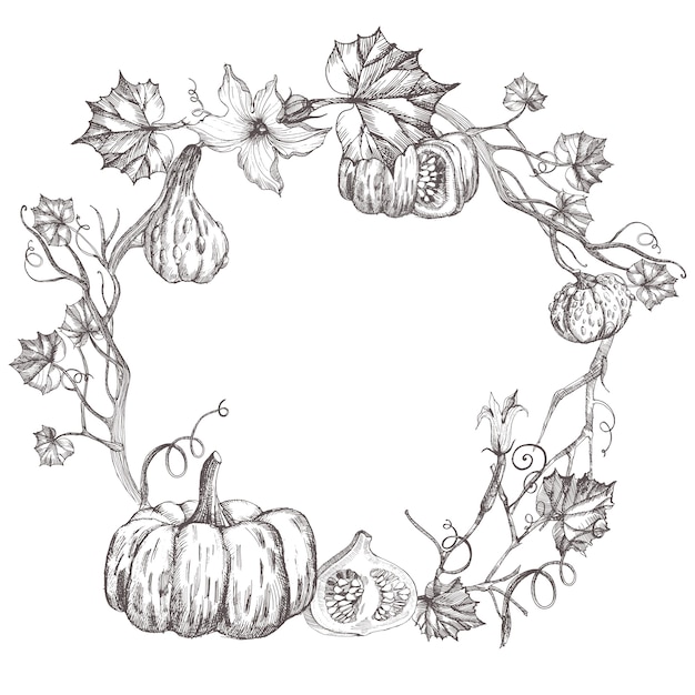 Vector pumpkin wreath. vegetables hand drawn sketch