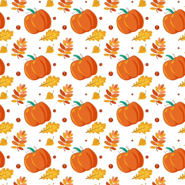 Vector pumpkins and autumn leaves pattern hand drawn illustration repeat background for wallpaper