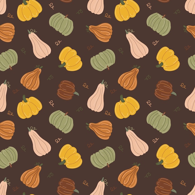 Pumpkins Autumn print on a dark background Hand drawing Simple pattern Vector illustration