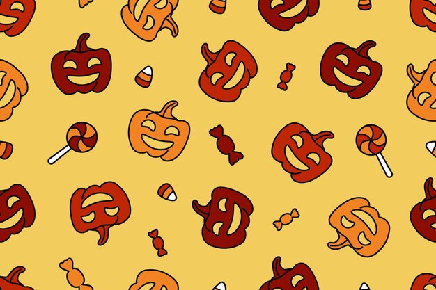 Pumpkins candy and lollipops in a seamless pattern on a yellow background Cute Pattern for Halloween