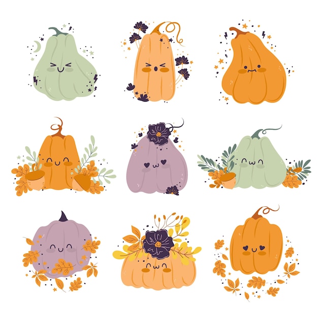 Pumpkins cartoon characters compositions with leaves and flowers Thanksgiving or Halloween designs