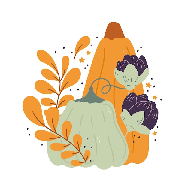 Pumpkins cartoon compositions with leaves and flowers Pumpkin isolated vector composition for autumn fall agricultural harvest Thanksgiving or Halloween designs