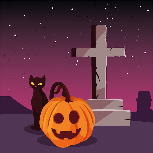 カボチャの猫と幸せなハロウィーンのお祝いをクロス