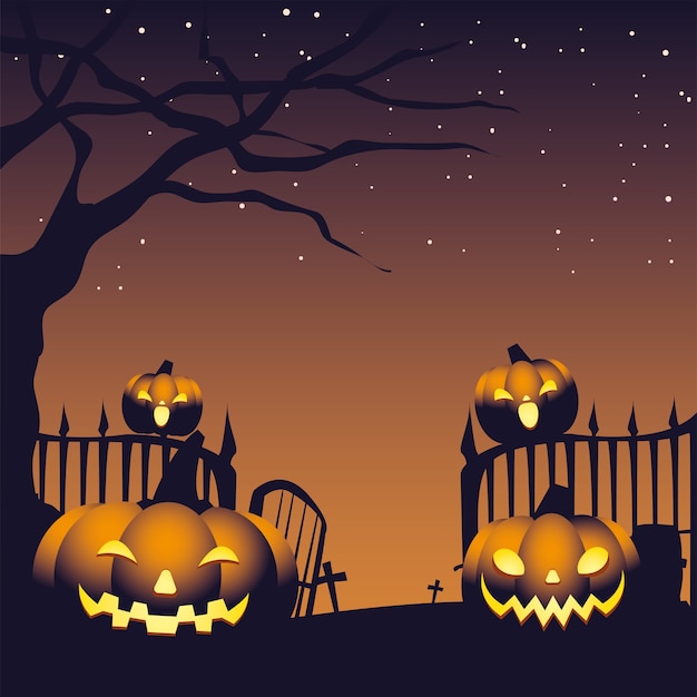 Vettore zucche nel cimitero con disegno di illustrazione di halloween sfondo scuro