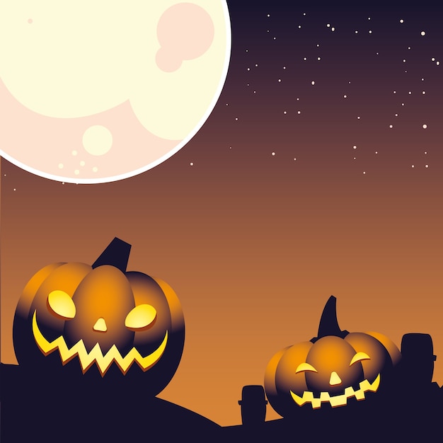 pumpkins in dark halloween night and full moon illustration design