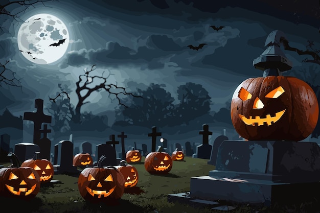 Pumpkins from skulls bats moon and tombs in the graveyard on spooky Halloween night Digital Paint