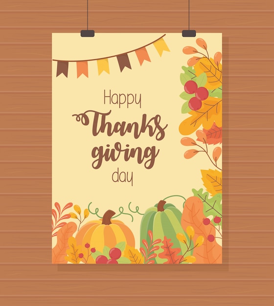 Vector pumpkins garland foliage leaves happy thanksgiving poster