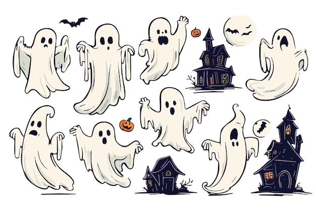 Vector pumpkins and ghost collection halloween sticker sketch set big set doodle collection halloween and