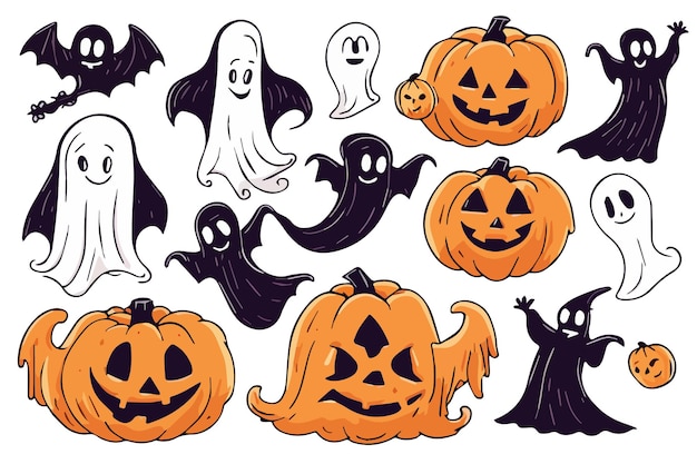 Colezione di zucche e fantasmi halloween adesivi sketch set grande set doodle collezione halloween e