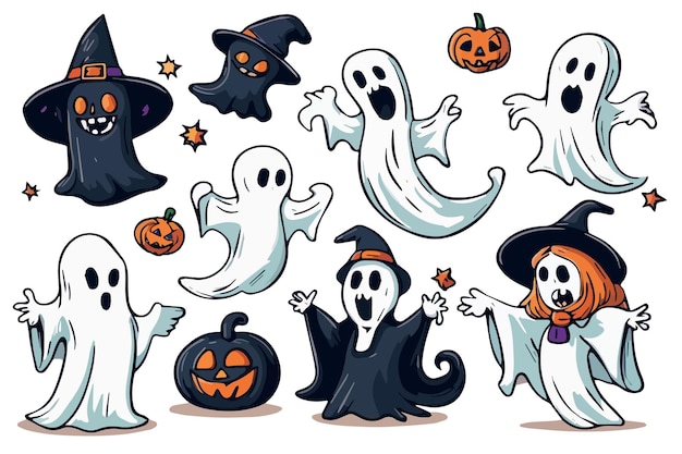 Набор набросков на Хэллоуин тыквы и призраки Большой набор каракулей