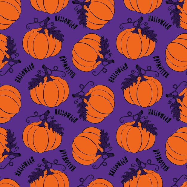 Vector pumpkins halloween pattern orange and purple color lettering inscription doodle hand drawn